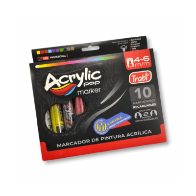 Marcador Acrylic Pop 4 - 6 Mm X 10 Colores
