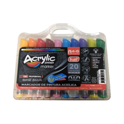 Marcador Acrylic Pop 4 - 6 Mm Valija X 20 Colores